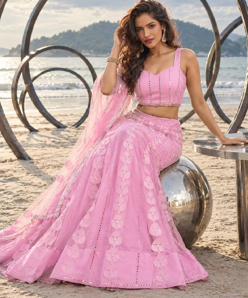 BABY PINK NET THREAD WITH ZARI AND SEQUIN WORK FESTIVE LEHENGA CHOLI