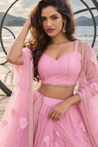 BABY PINK NET THREAD WITH ZARI AND SEQUIN WORK FESTIVE LEHENGA CHOLI