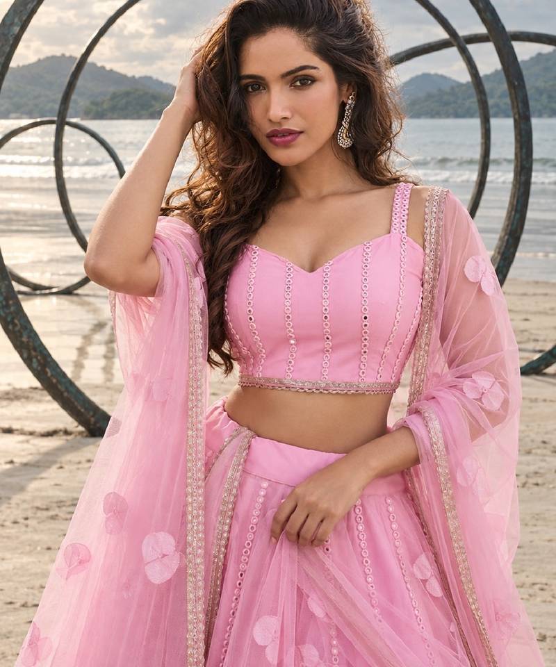 BABY PINK NET THREAD WITH ZARI AND SEQUIN WORK FESTIVE LEHENGA CHOLI