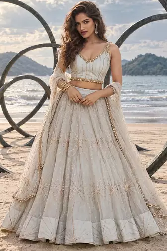 WHITE NET THREAD WITH ZARI AND SEQUIN WORK FESTIVE LEHENGA CHOLI