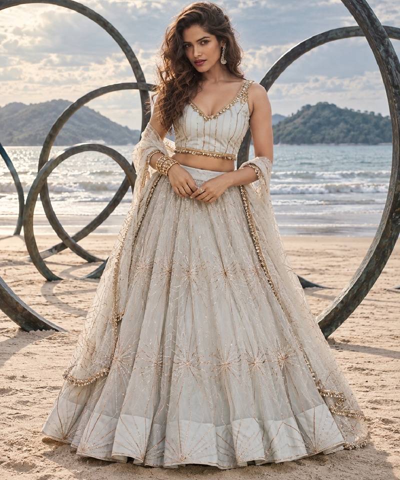 WHITE NET THREAD WITH ZARI AND SEQUIN WORK FESTIVE LEHENGA CHOLI
