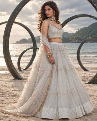WHITE NET THREAD WITH ZARI AND SEQUIN WORK FESTIVE LEHENGA CHOLI 3