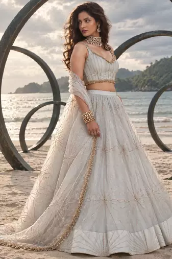 WHITE NET THREAD WITH ZARI AND SEQUIN WORK FESTIVE LEHENGA CHOLI