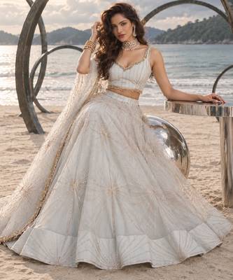 WHITE NET THREAD WITH ZARI AND SEQUIN WORK FESTIVE LEHENGA CHOLI 4