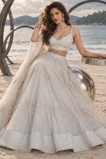 WHITE NET THREAD WITH ZARI AND SEQUIN WORK FESTIVE LEHENGA CHOLI