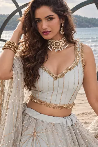 WHITE NET THREAD WITH ZARI AND SEQUIN WORK FESTIVE LEHENGA CHOLI