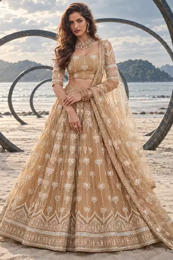 BEIGE NET THREAD WITH ZARI AND SEQUIN WORK FESTIVE LEHENGA CHOLI