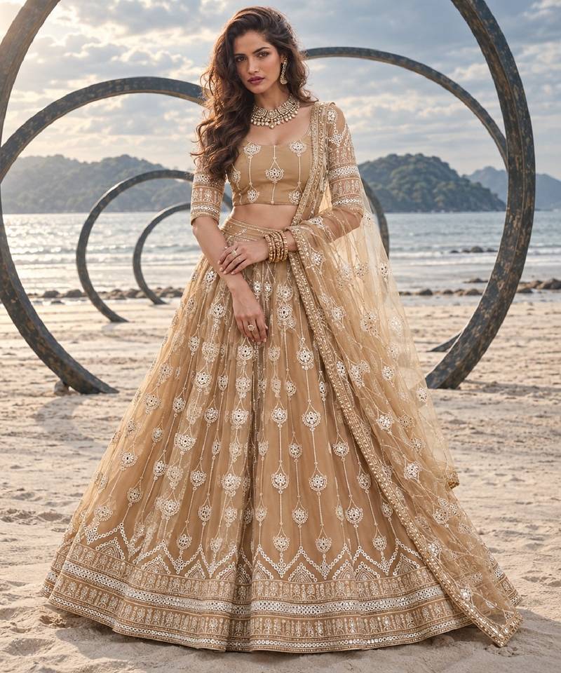 BEIGE NET THREAD WITH ZARI AND SEQUIN WORK FESTIVE LEHENGA CHOLI