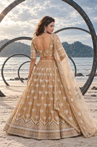BEIGE NET THREAD WITH ZARI AND SEQUIN WORK FESTIVE LEHENGA CHOLI