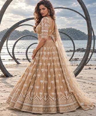 BEIGE NET THREAD WITH ZARI AND SEQUIN WORK FESTIVE LEHENGA CHOLI 3