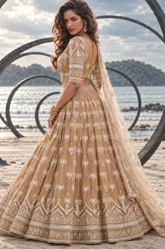 BEIGE NET THREAD WITH ZARI AND SEQUIN WORK FESTIVE LEHENGA CHOLI
