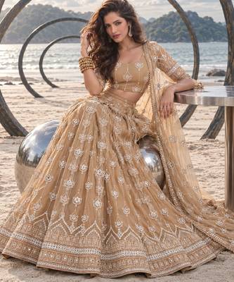 BEIGE NET THREAD WITH ZARI AND SEQUIN WORK FESTIVE LEHENGA CHOLI 4