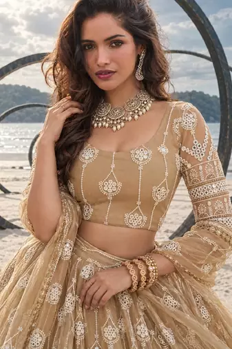 BEIGE NET THREAD WITH ZARI AND SEQUIN WORK FESTIVE LEHENGA CHOLI
