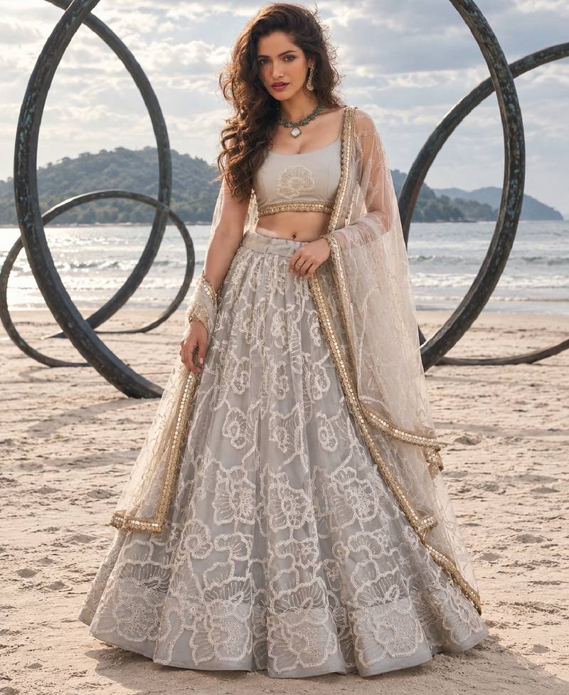 GREY BEATS EMBROIDERY WITH THREADAND SEQUIN WORK FESTIVE LEHENGA CHOLI