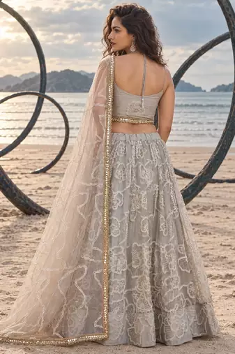 GREY BEATS EMBROIDERY WITH THREADAND SEQUIN WORK FESTIVE LEHENGA CHOLI