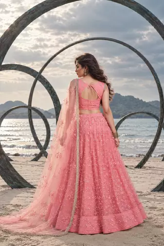 BABY PINK BEATS EMBROIDERY WITH THREADAND SEQUIN WORK FESTIVE LEHENGA CHOLI