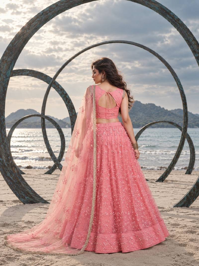 BABY PINK BEATS EMBROIDERY WITH THREADAND SEQUIN WORK FESTIVE LEHENGA CHOLI