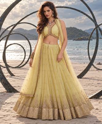 YELLOW BEATS EMBROIDERY WITH THREADAND SEQUIN WORK FESTIVE LEHENGA CHOLI 1