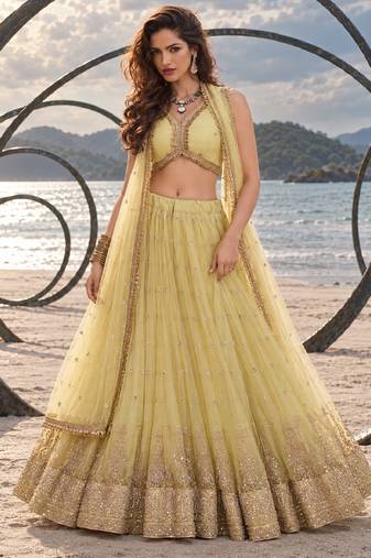 YELLOW BEATS EMBROIDERY WITH THREADAND SEQUIN WORK FESTIVE LEHENGA CHOLI