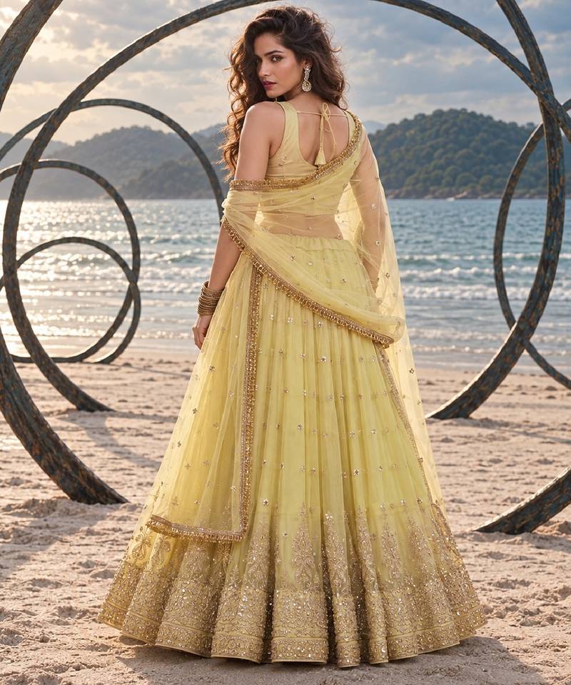 YELLOW BEATS EMBROIDERY WITH THREADAND SEQUIN WORK FESTIVE LEHENGA CHOLI