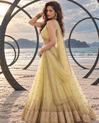 YELLOW BEATS EMBROIDERY WITH THREADAND SEQUIN WORK FESTIVE LEHENGA CHOLI 3