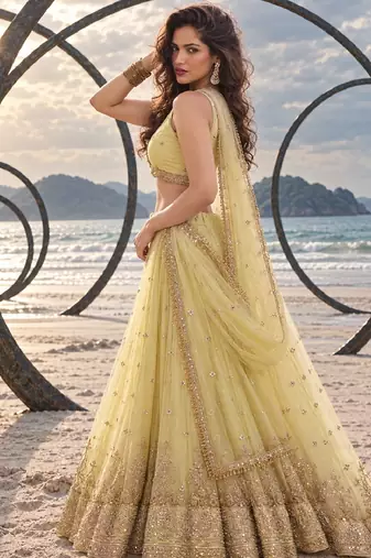 YELLOW BEATS EMBROIDERY WITH THREADAND SEQUIN WORK FESTIVE LEHENGA CHOLI