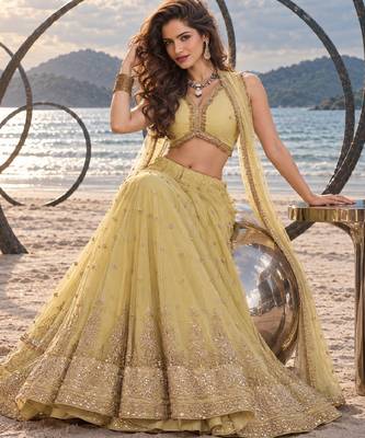 YELLOW BEATS EMBROIDERY WITH THREADAND SEQUIN WORK FESTIVE LEHENGA CHOLI 4