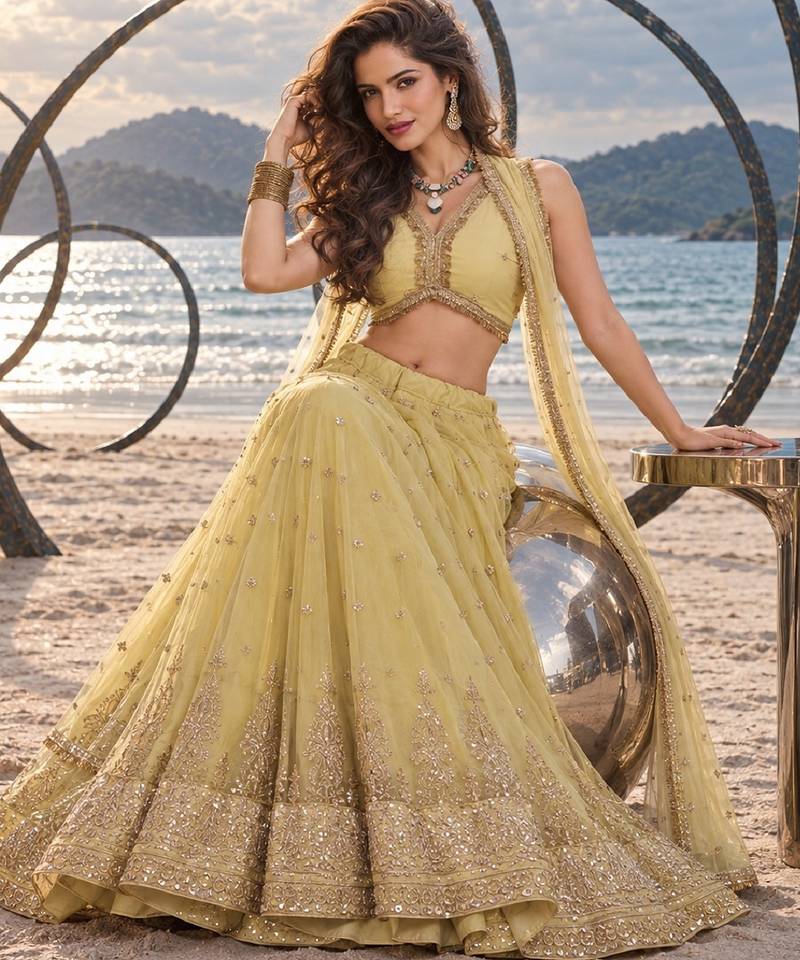 YELLOW BEATS EMBROIDERY WITH THREADAND SEQUIN WORK FESTIVE LEHENGA CHOLI