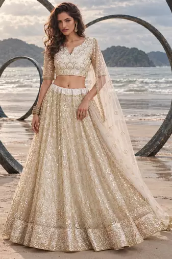 OFF WHITE BEATS EMBROIDERY WITH THREADAND SEQUIN WORK FESTIVE LEHENGA CHOLI