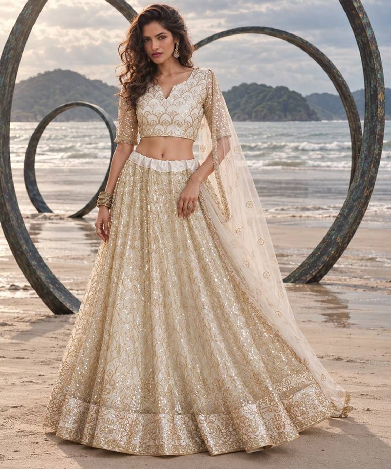 OFF WHITE BEATS EMBROIDERY WITH THREADAND SEQUIN WORK FESTIVE LEHENGA CHOLI