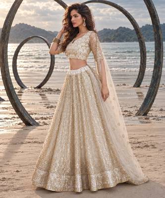 OFF WHITE BEATS EMBROIDERY WITH THREADAND SEQUIN WORK FESTIVE LEHENGA CHOLI 3