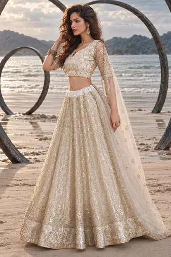OFF WHITE BEATS EMBROIDERY WITH THREADAND SEQUIN WORK FESTIVE LEHENGA CHOLI