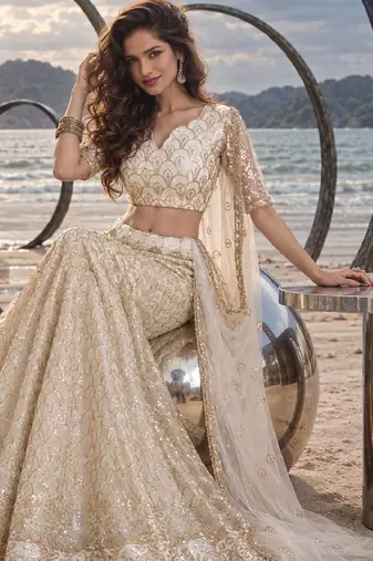 OFF WHITE BEATS EMBROIDERY WITH THREADAND SEQUIN WORK FESTIVE LEHENGA CHOLI