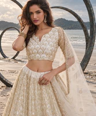 OFF WHITE BEATS EMBROIDERY WITH THREADAND SEQUIN WORK FESTIVE LEHENGA CHOLI 5