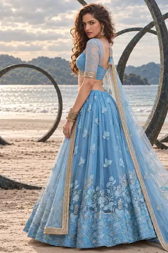 MINT BLUE BEATS EMBROIDERY WITH THREADAND SEQUIN WORK FESTIVE LEHENGA CHOLI