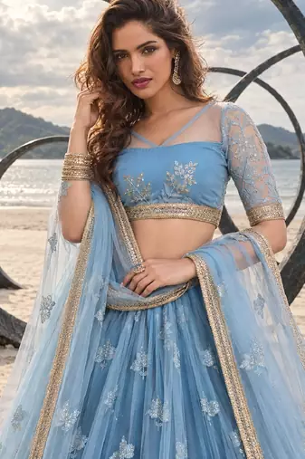 MINT BLUE BEATS EMBROIDERY WITH THREADAND SEQUIN WORK FESTIVE LEHENGA CHOLI