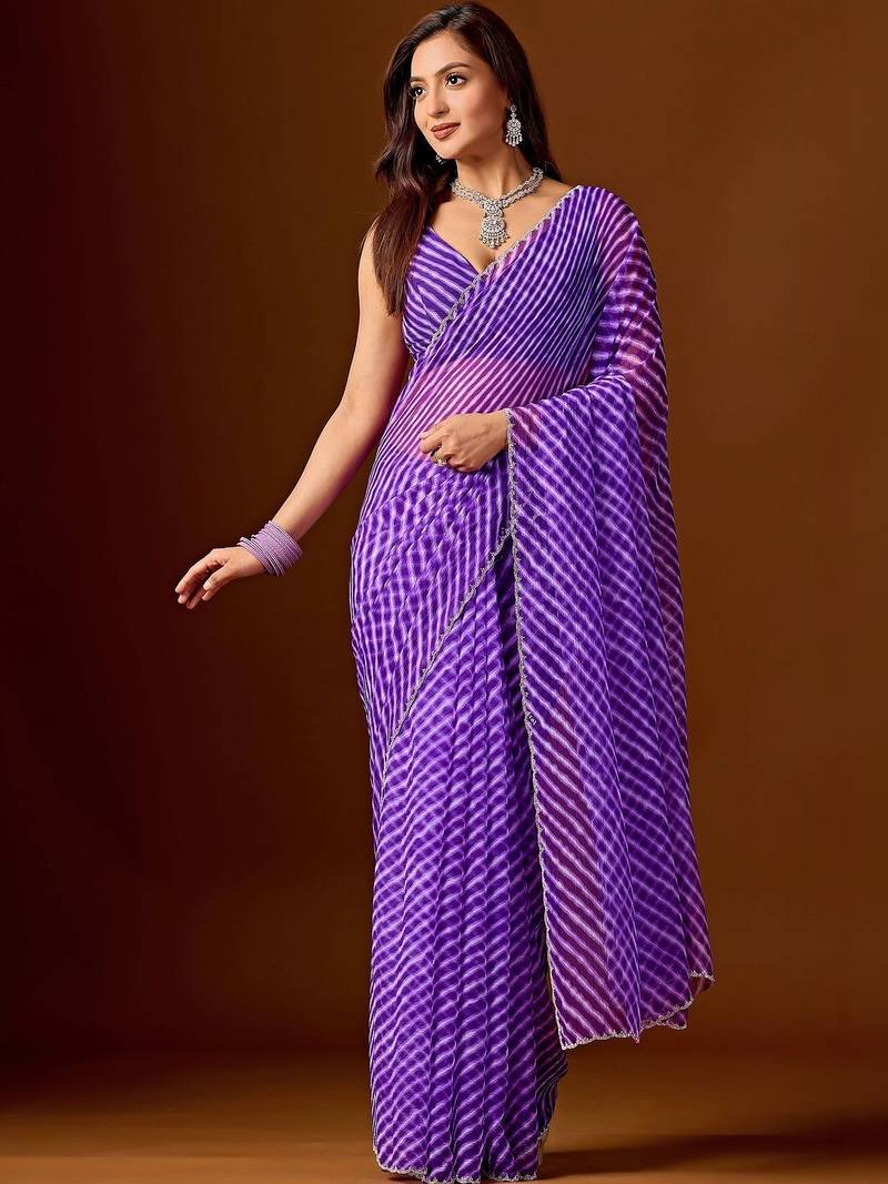 Purple leheriya beads and stones pure chiffon saree
