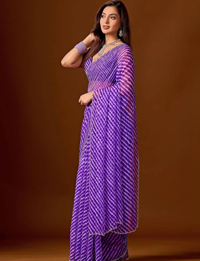 Purple leheriya beads and stones pure chiffon saree