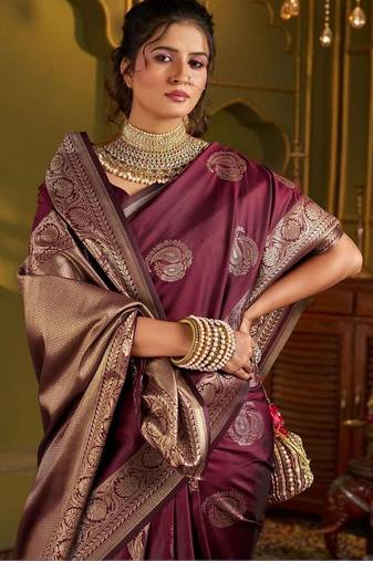 Maroon woven design silk blend designer kanjeevaram saree