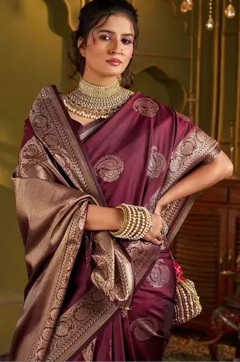 Maroon woven design silk blend designer kanjeevaram saree