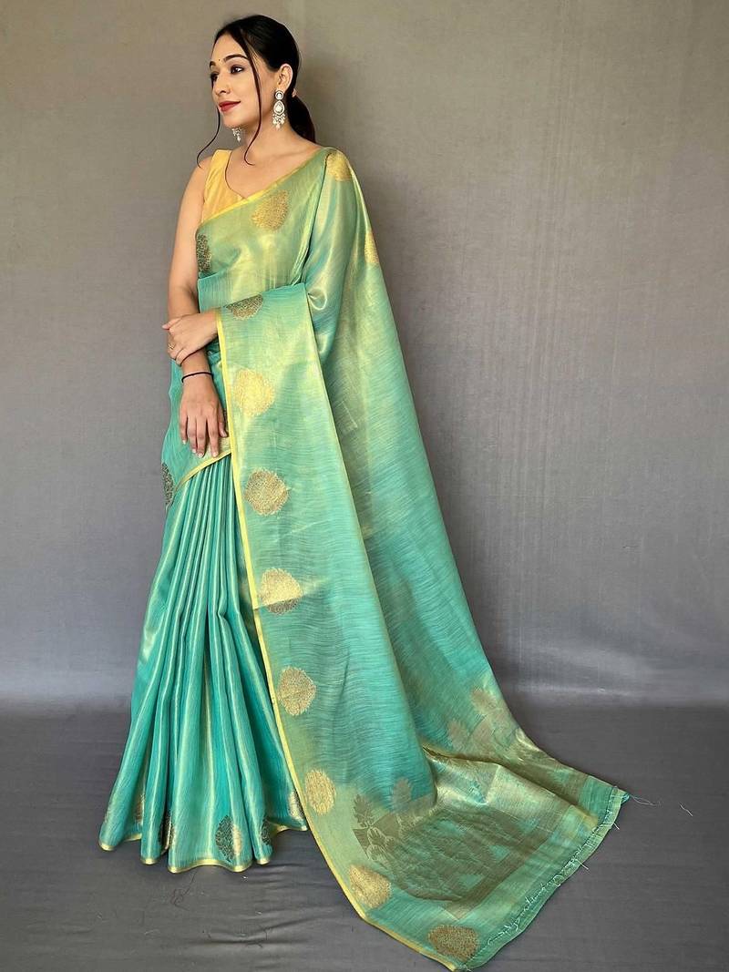 Teal teal woven design tissue sarees