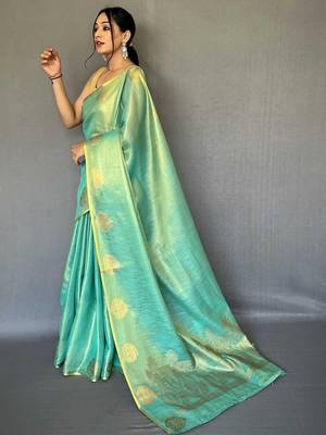 Teal teal woven design tissue sarees 3