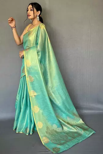 Teal teal woven design tissue sarees