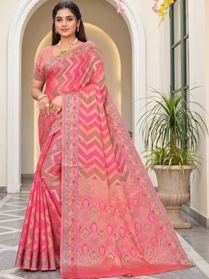 Pink woven design zari art silk fusion banarasi saree 1