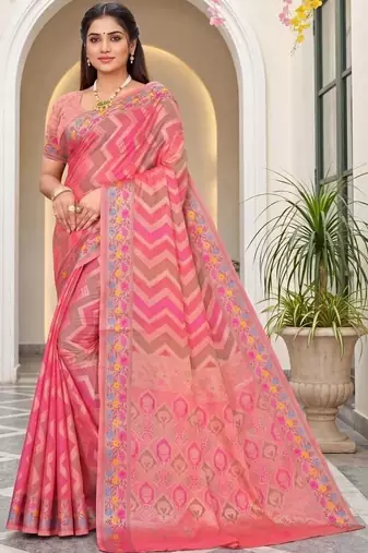 Pink woven design zari art silk fusion banarasi saree