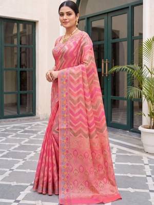 Pink woven design zari art silk fusion banarasi saree 2