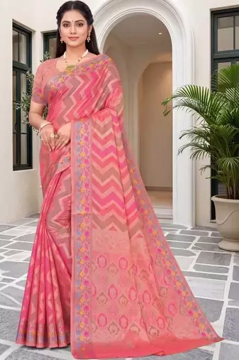 Pink woven design zari art silk fusion banarasi saree