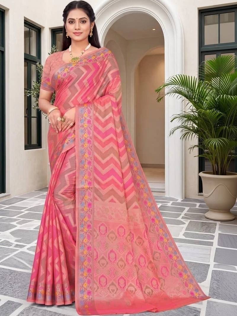 Pink woven design zari art silk fusion banarasi saree