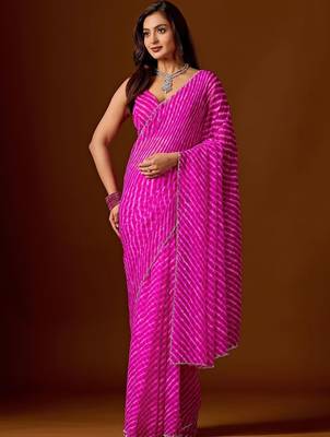 Pink leheriya beads and stones pure chiffon saree 2