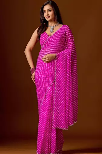 Pink leheriya beads and stones pure chiffon saree